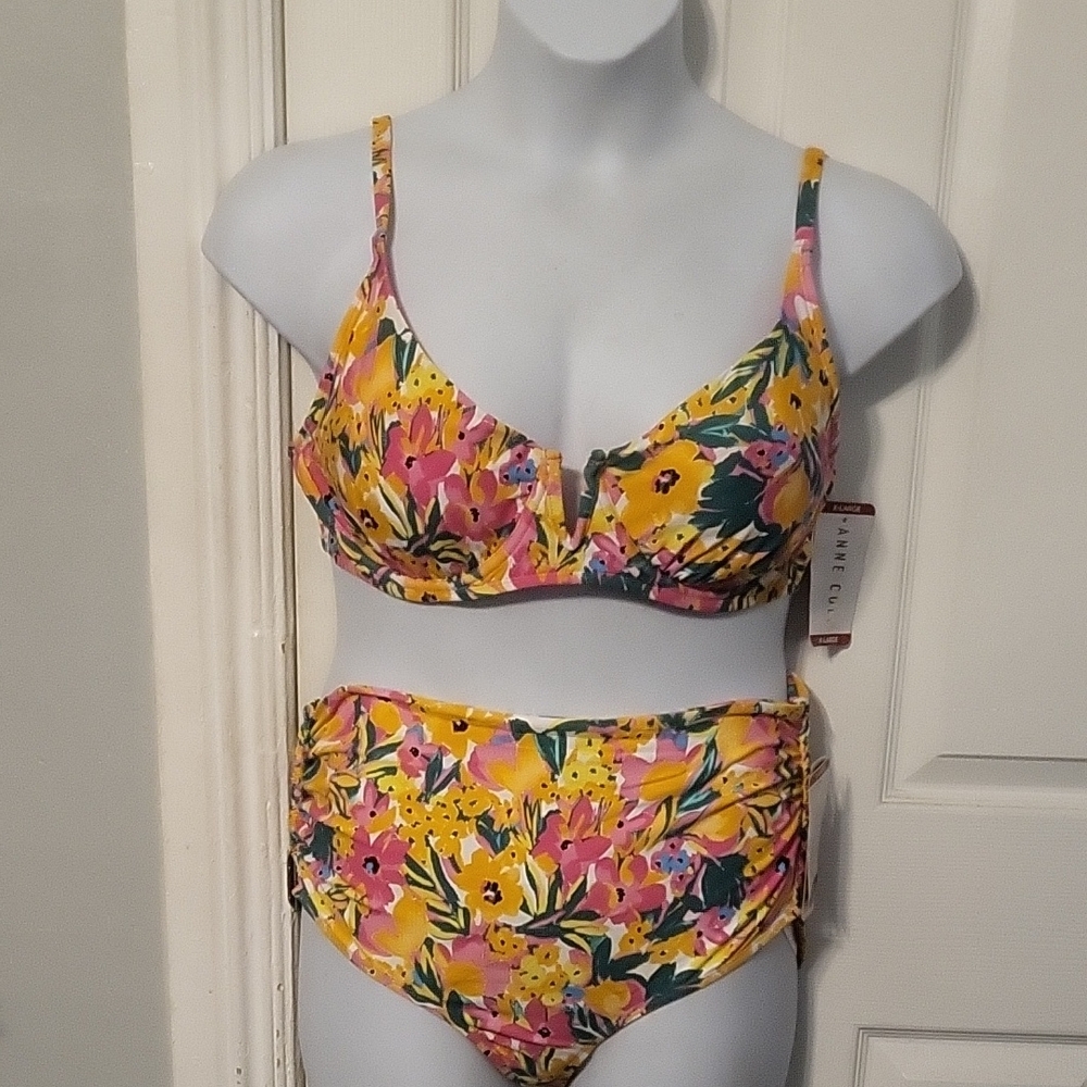 NWT Anne Cole Yellow and Pink Bikini Set High-Waisted Swimwear
